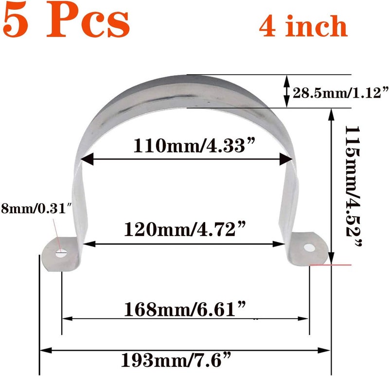 SDY 6 Pcs 4inch Rigid Pipe Strap,Two Hole Stainless Steel Strap U Bracket, Widened Tube Strap Tension Clip Assortment Kit Heavy Duty Pipe Clamp（110mm） - Image 2