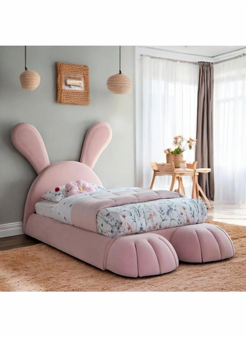 KARNAK Rabbit Teddy Kids & Adults In Soft Fabric Bed Frame with Upholstered Headboard Perfect Princess Bed for Girls 90X190CM  - Image 2