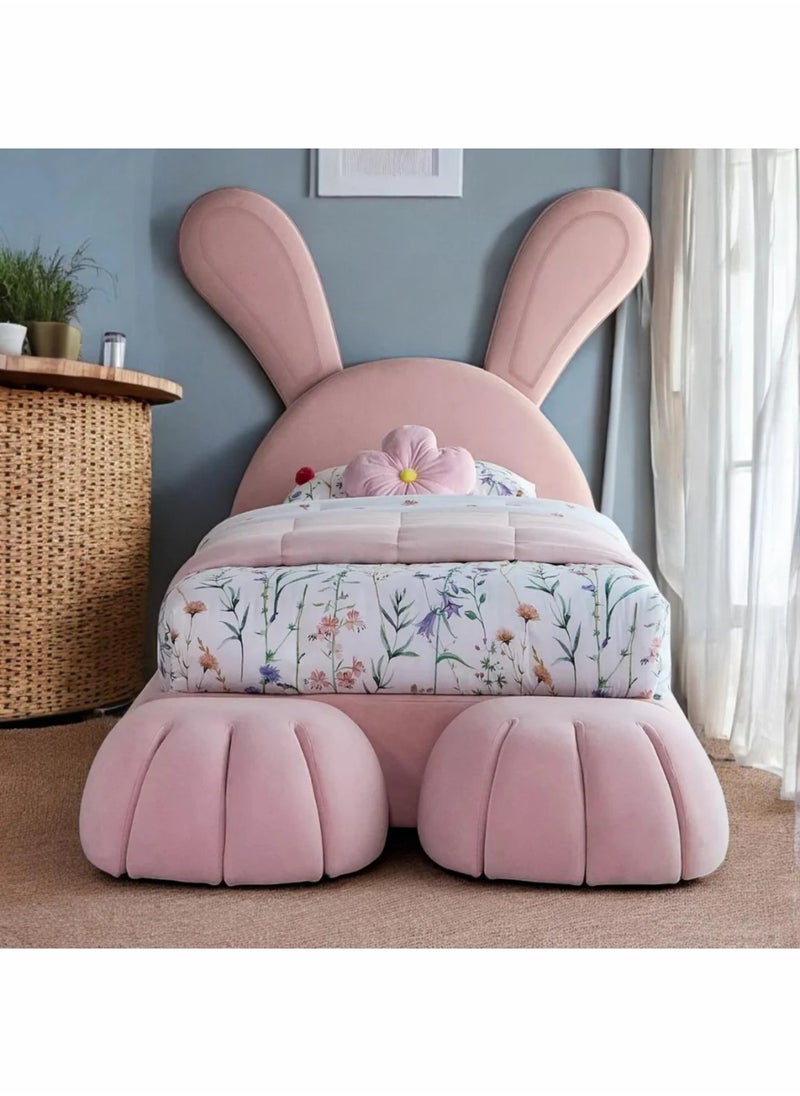 KARNAK Rabbit Teddy Kids & Adults In Soft Fabric Bed Frame with Upholstered Headboard Perfect Princess Bed for Girls 90X190CM  - Image 1