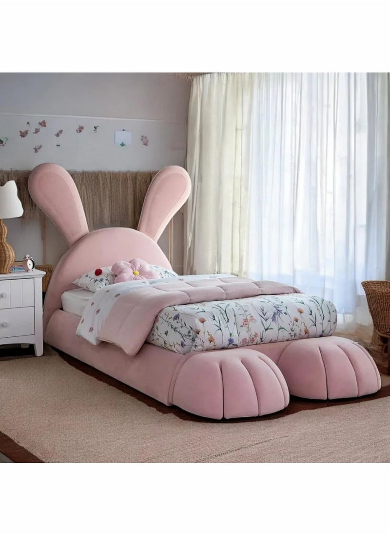 KARNAK Rabbit Teddy Kids & Adults In Soft Fabric Bed Frame with Upholstered Headboard Perfect Princess Bed for Girls 90X190CM  - Image 4