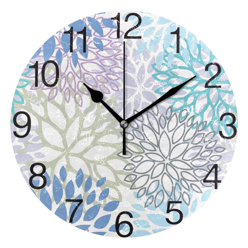 White Dahlia Round Wall Clock Silent Non Ticking Oil Painting Decorative for Home Office School Clock Art Blue Grey And Purple