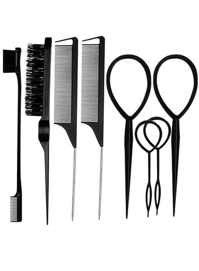 Generic 8-Piece Black Hairbrush Set With 4-Piece Topsy Tail Tools, Teasing Bristle Brush, Edge Control Brush And 2-Piece Metal Pin Mouse Tail Combs For Women's Hair Styling And Brushing  - Image 1
