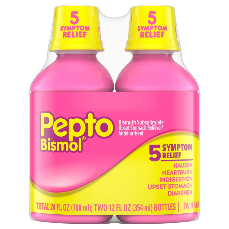 Pepto Bismol Liquid, Upset Stomach Relief, Nausea Relief, Heartburn Relief, Indigestion Relief, Anti Diarrhea Medication for Adults - 5 Symptom Fast Relief, 2x12 oz (Packaging May Vary) - Image 1