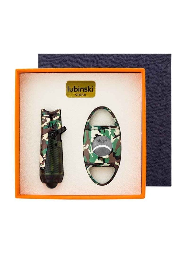 Lubinski Luxury Dual-Tool Gift Set, Refillable Triple-Jet Torch & Precision Metal Cutter in Premium Box, Camouflage Grey Design - Image 1