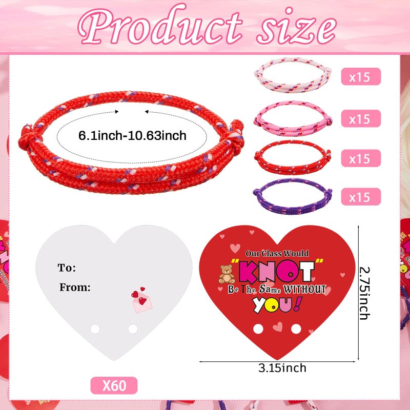 Equsion 60 Packs Valentine Knot Bracelets with Card Neon Friendship Bracelet from Teacher Gift Our Class Would Knot Be the Same Without You Heart Shaped Cards for Valentine Exchange Gifts Party Favor - Image 2