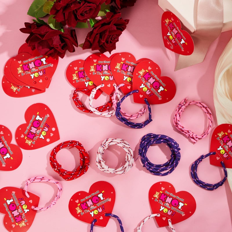 Equsion 60 Packs Valentine Knot Bracelets with Card Neon Friendship Bracelet from Teacher Gift Our Class Would Knot Be the Same Without You Heart Shaped Cards for Valentine Exchange Gifts Party Favor - Image 4