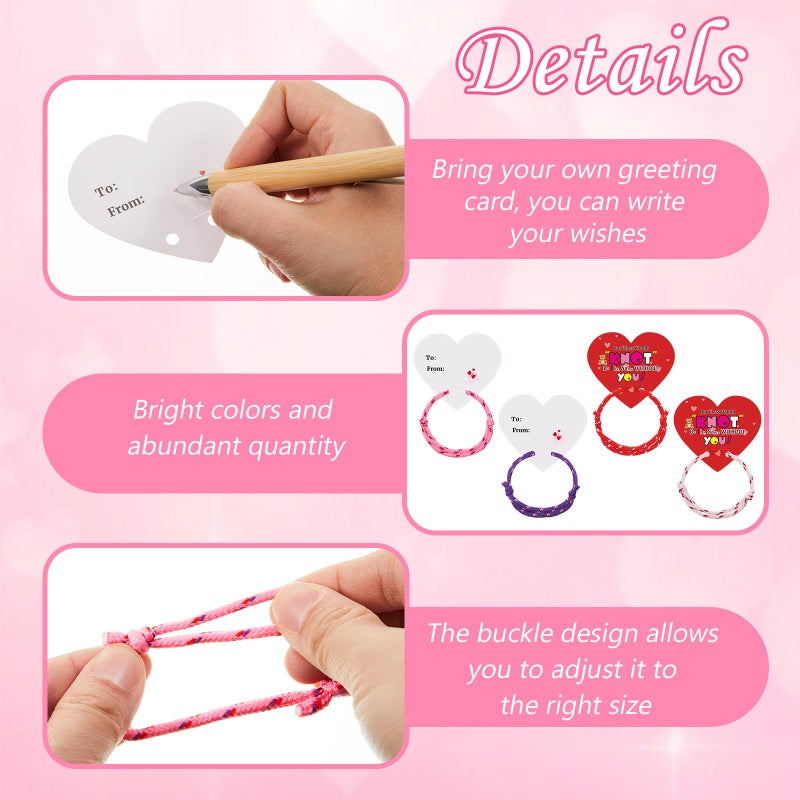Equsion 60 Packs Valentine Knot Bracelets with Card Neon Friendship Bracelet from Teacher Gift Our Class Would Knot Be the Same Without You Heart Shaped Cards for Valentine Exchange Gifts Party Favor - Image 3