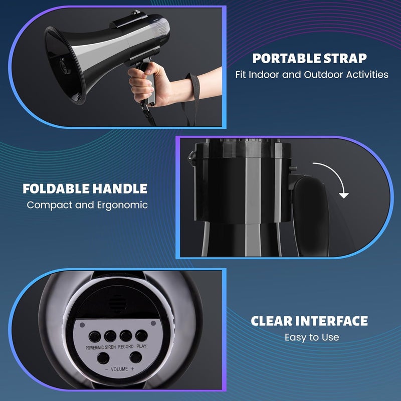 Loudmore 30 Watt Power Portable Megaphone Bullhorn Speaker Voice, Siren/Alarm and 240S Recording with Volume Control and Strap (Black) - Image 3