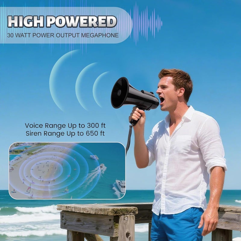 Loudmore 30 Watt Power Portable Megaphone Bullhorn Speaker Voice, Siren/Alarm and 240S Recording with Volume Control and Strap (Black) - Image 4