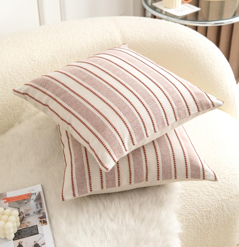 Cethom Decorative Boho Throw Pillow Covers, Farmhouse Textured Pillow Case, 18 x 18 Inch Set of 2, Chair Sofa Bedroom Living Room Home Decor Couch Cushion Case, Rust and Beige Striped - Image 2