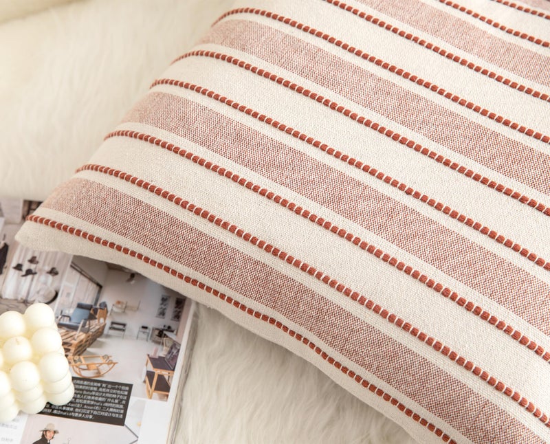 Cethom Decorative Boho Throw Pillow Covers, Farmhouse Textured Pillow Case, 18 x 18 Inch Set of 2, Chair Sofa Bedroom Living Room Home Decor Couch Cushion Case, Rust and Beige Striped - Image 4