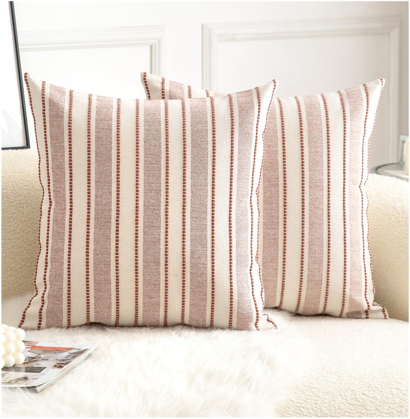 Cethom Decorative Boho Throw Pillow Covers, Farmhouse Textured Pillow Case, 18 x 18 Inch Set of 2, Chair Sofa Bedroom Living Room Home Decor Couch Cushion Case, Rust and Beige Striped - Image 1