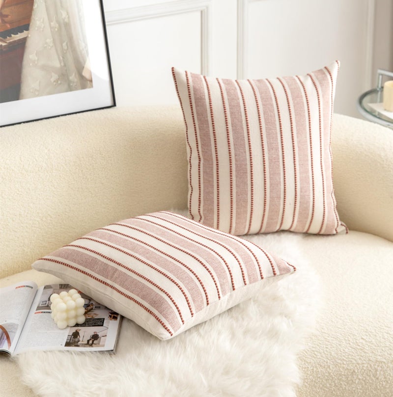 Cethom Decorative Boho Throw Pillow Covers, Farmhouse Textured Pillow Case, 18 x 18 Inch Set of 2, Chair Sofa Bedroom Living Room Home Decor Couch Cushion Case, Rust and Beige Striped - Image 3