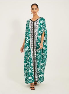 Aztec print jalabiya with panel print at centre front and lace trims at neck and center front