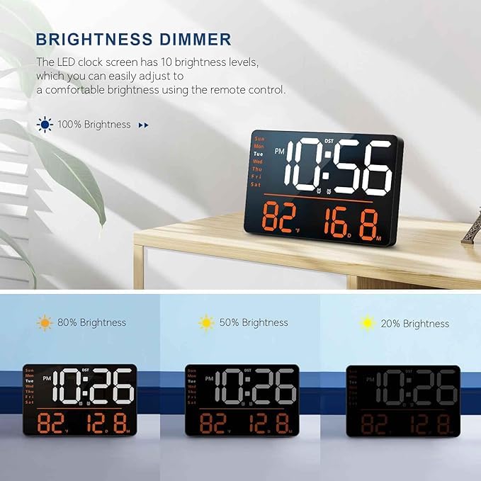 ONTRIP ONTRIP LED Large Digital Wall Clock Remote Control Temperature Date Week Display Adjustable Brightness Modern Living Room Alarms Clocks Digital Wall Clock Rectangle - Image 3