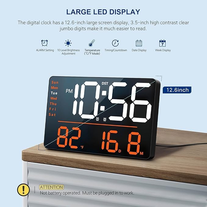 ONTRIP ONTRIP LED Large Digital Wall Clock Remote Control Temperature Date Week Display Adjustable Brightness Modern Living Room Alarms Clocks Digital Wall Clock Rectangle - Image 2