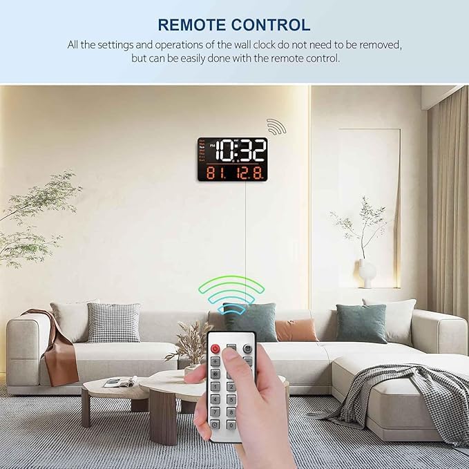 ONTRIP ONTRIP LED Large Digital Wall Clock Remote Control Temperature Date Week Display Adjustable Brightness Modern Living Room Alarms Clocks Digital Wall Clock Rectangle - Image 5