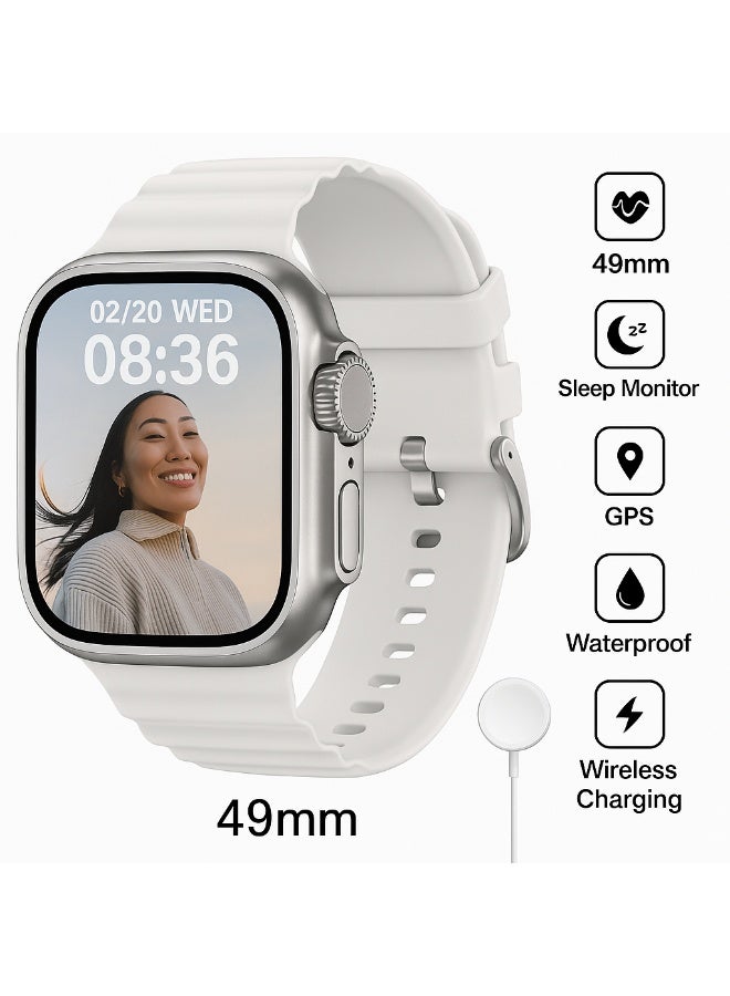 Smart Watch 8 Ultra 49mm – Fitness Tracker with Wireless Charging, GPS, Heart Rate, Sleep Monitor, Waterproof, Call Alerts – Compatible with Android & iOS – White Strap - Image 2