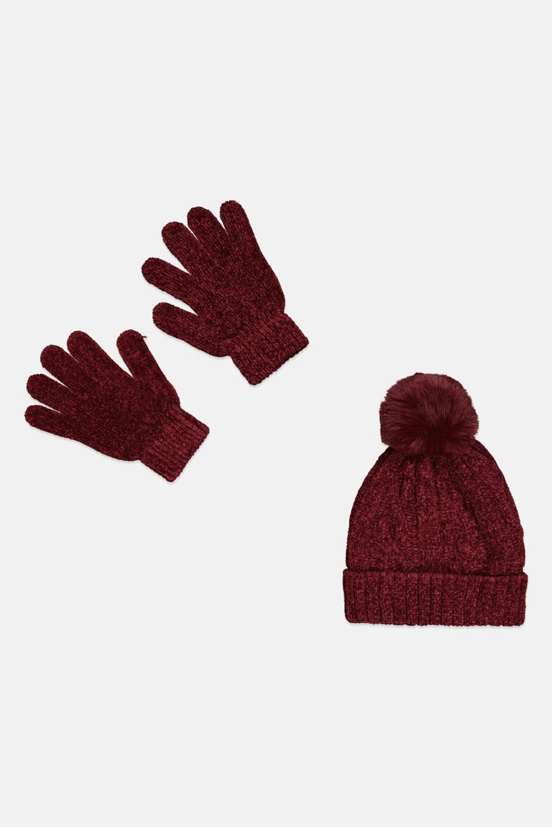 Laundry by Shelli Segal Women 2Pcs Cable Knit Beanie And Gloves Set, Aubergine - Image 1