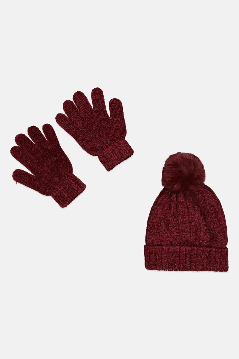 Laundry by Shelli Segal Women 2Pcs Cable Knit Beanie And Gloves Set, Aubergine - Image 2