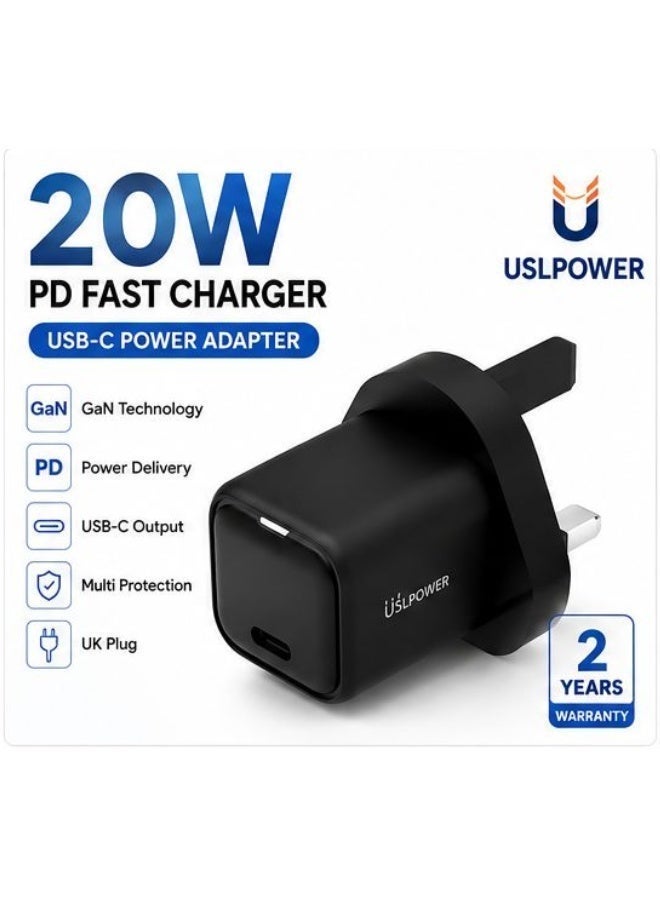 USLPOWER 20W USB-C PD GaN Fast Charger, Type-C Wall Power Adapter UK Plug for iPhone 16/15/14/13/12, iPad, Samsung & USB-C Devices - Image 1