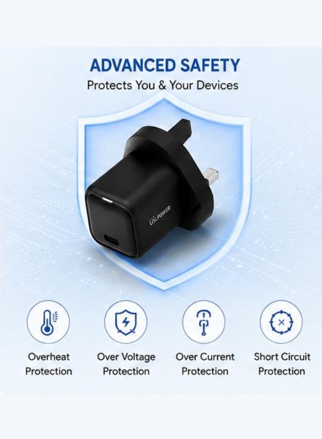 USLPOWER 20W USB-C PD GaN Fast Charger, Type-C Wall Power Adapter UK Plug for iPhone 16/15/14/13/12, iPad, Samsung & USB-C Devices - Image 5
