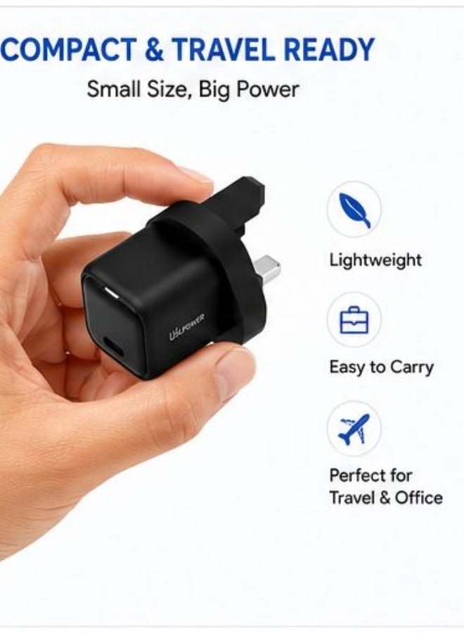 USLPOWER 20W USB-C PD GaN Fast Charger, Type-C Wall Power Adapter UK Plug for iPhone 16/15/14/13/12, iPad, Samsung & USB-C Devices - Image 4