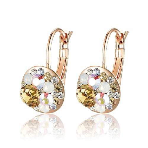 EVEVIC Multicolored Austrian Crystal Drop Earrings for Women 14K Gold Plated Hypoallergenic Leverback Dangle Earrings (Yellow Main Crystal/Rose Gold-tone) - Image 1