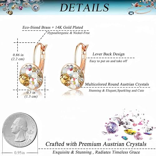 EVEVIC Multicolored Austrian Crystal Drop Earrings for Women 14K Gold Plated Hypoallergenic Leverback Dangle Earrings (Yellow Main Crystal/Rose Gold-tone) - Image 4