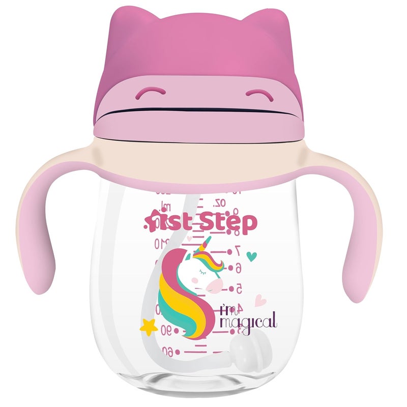 1st Step TRITAN 280 ml BPA Free Anti-Spill Soft Silicone Weighted Straw Baby Sipper Cup with Twin Handle (Pink) - Image 1