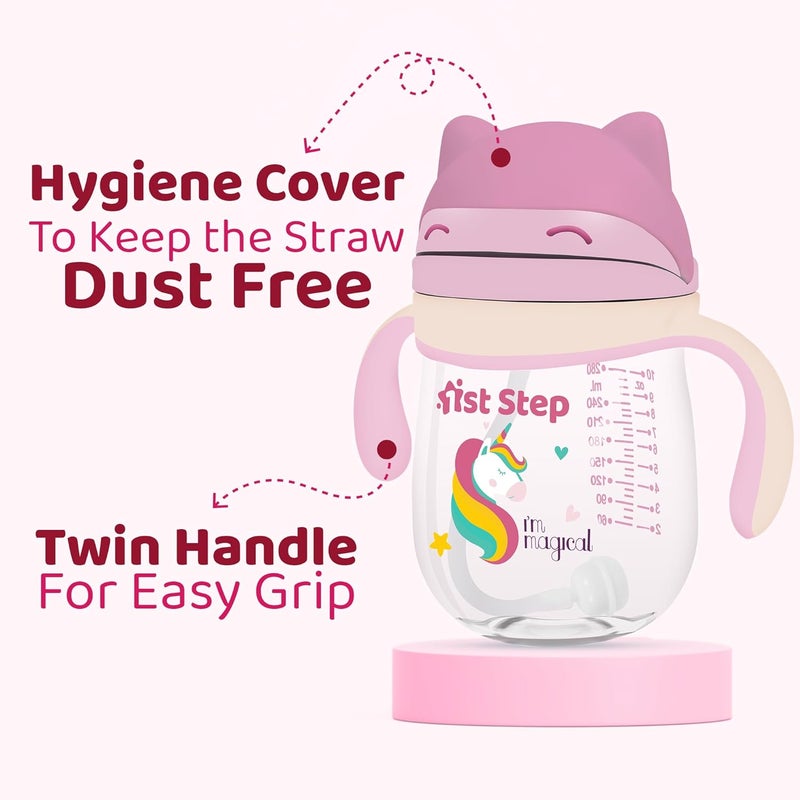 1st Step TRITAN 280 ml BPA Free Anti-Spill Soft Silicone Weighted Straw Baby Sipper Cup with Twin Handle (Pink) - Image 4