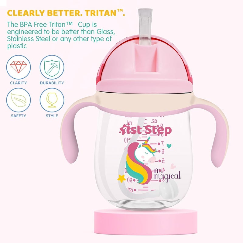 1st Step TRITAN 280 ml BPA Free Anti-Spill Soft Silicone Weighted Straw Baby Sipper Cup with Twin Handle (Pink) - Image 2