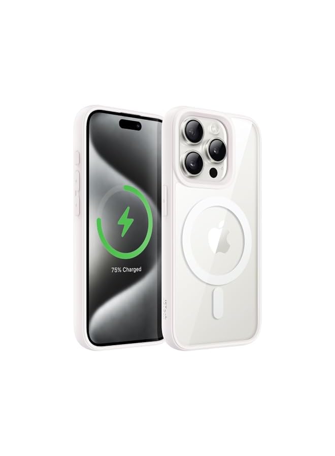 جي تيك حافظة JETech المغناطيسية لهاتف iPhone 15 Pro Max 6.7 بوصة متوافقة مع MagSafe، غطاء ممتص للصدمات للهاتف، إطار TPU بلون صلب غير لامع، ظهر شفاف مضاد للخدش (تيتانيوم أبيض) - Image 1