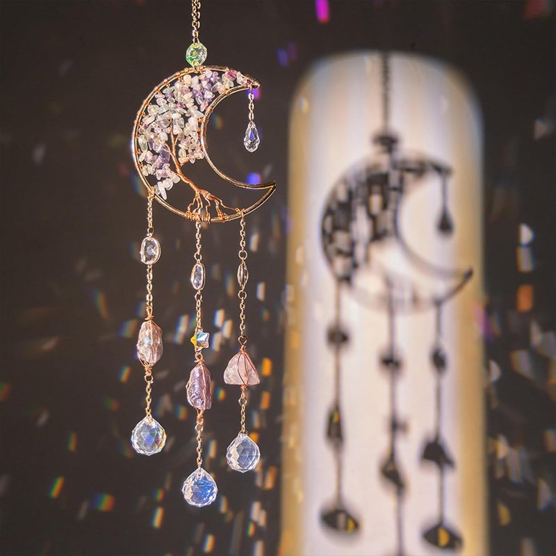TUOKING Crystal Moon Suncatchers for Window Hanging Tree of Life Natural Healing Stones Wind Chimes Sun Catcher Rainbow Maker Good Luck Gifts Decor for Home Garden - Image 1