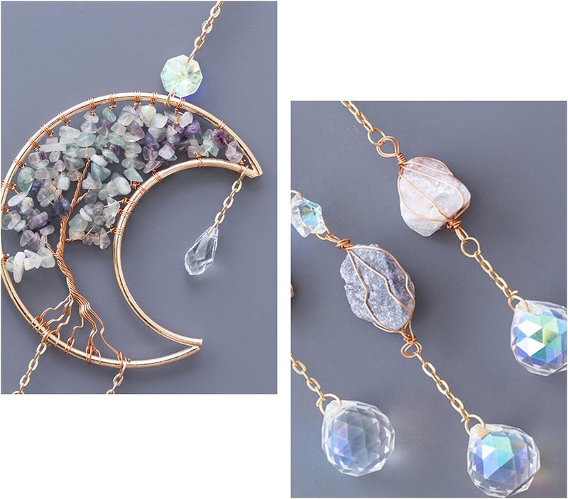 TUOKING Crystal Moon Suncatchers for Window Hanging Tree of Life Natural Healing Stones Wind Chimes Sun Catcher Rainbow Maker Good Luck Gifts Decor for Home Garden - Image 3