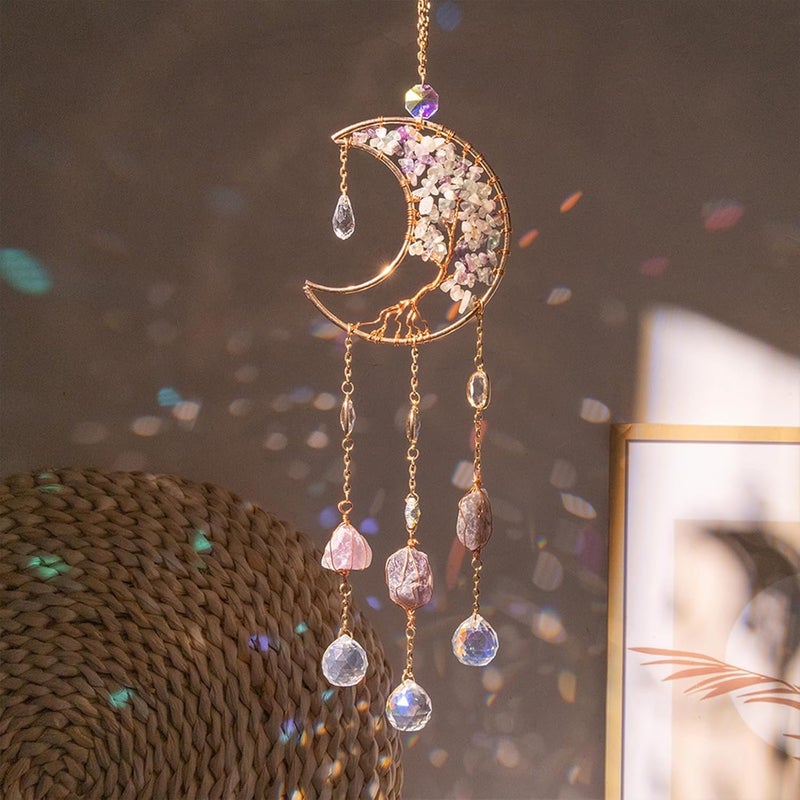 TUOKING Crystal Moon Suncatchers for Window Hanging Tree of Life Natural Healing Stones Wind Chimes Sun Catcher Rainbow Maker Good Luck Gifts Decor for Home Garden - Image 2