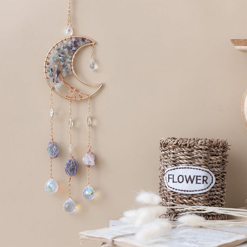 TUOKING Crystal Moon Suncatchers for Window Hanging Tree of Life Natural Healing Stones Wind Chimes Sun Catcher Rainbow Maker Good Luck Gifts Decor for Home Garden - Image 5