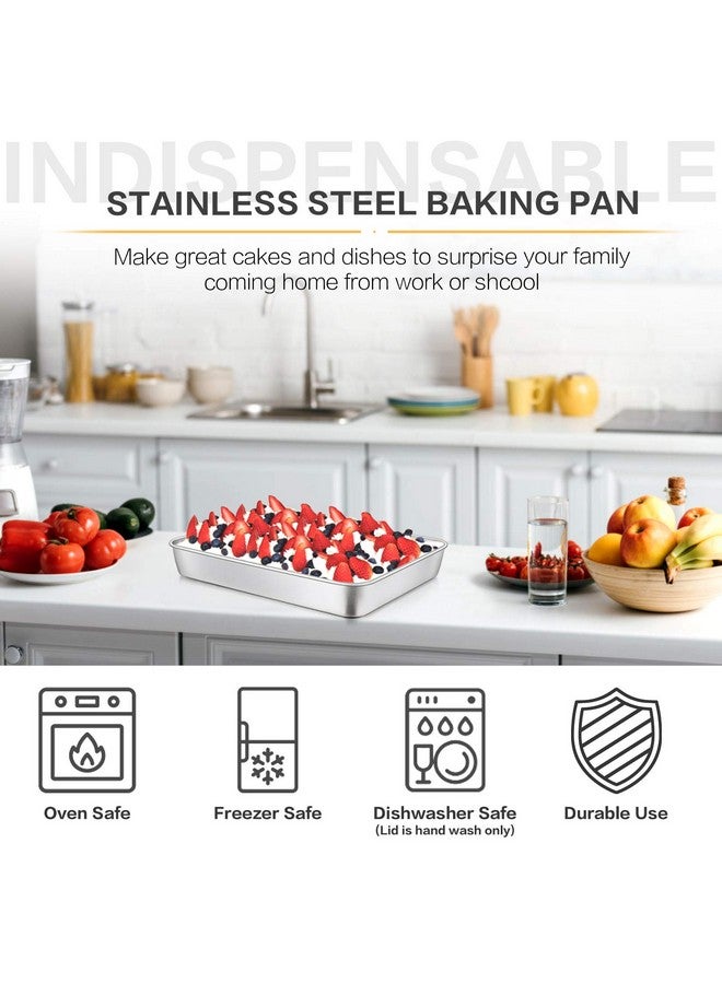 إي-فار صينية خبز من الفولاذ المقاوم للصدأ من إي-فار مع غطاء، 12⅓ × 9¾ × 2 بوصة، صينية كيك مستطيلة مع أغطية، أدوات خبز للكعك والبراونيز والكسرولة، غير سامة وصحية، متينة وآمنة للاستخدام في غسالة الأطباق - مجموعة من قطعتين - Image 4