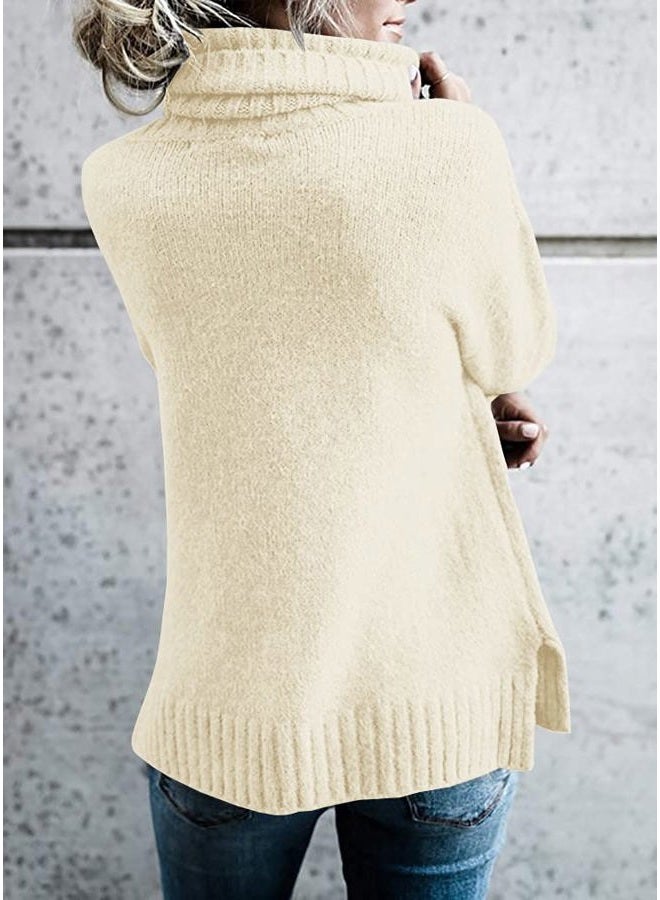 FISACE Womens Oversized Turtleneck Pullover Sweater Cable Knit Long Sleeve Sweater Tops A-White - Image 4