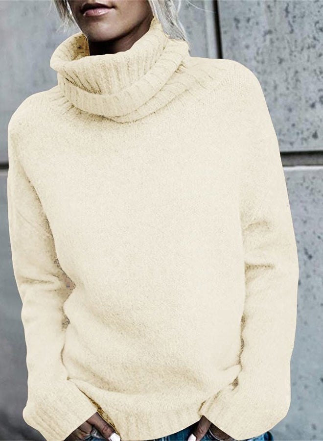 FISACE Womens Oversized Turtleneck Pullover Sweater Cable Knit Long Sleeve Sweater Tops A-White - Image 2