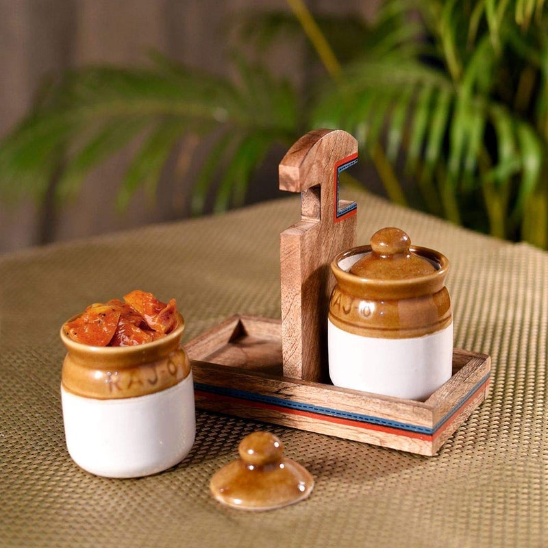 SHRIYAM CRAFT Handmade Ceramic Pickle Jar Set With Lid, Cookie Jar, Dining Table Set, Made In India 300Ml (Set Of2), Multicolor, Brown - Image 3