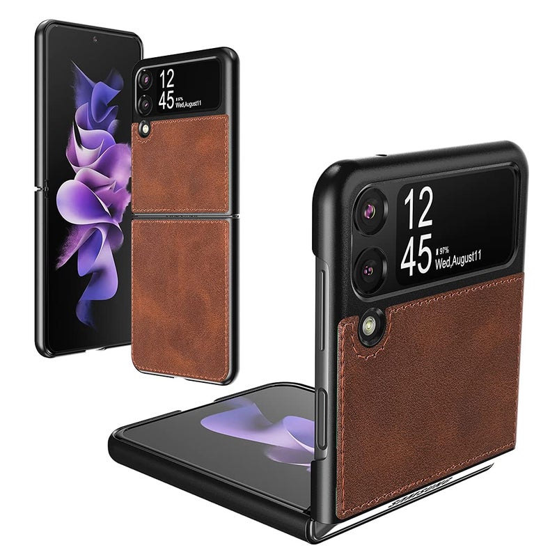 Foluu for Samsung Galaxy Z Flip 3 5G Case, Galaxy Z Flip 3 5G Leather Case, PU Leather + Hard PC Shell Ultra Thin Slim Durable Protective Phone Case Cover for Samsung Galaxy Z Flip 3 5G 2021 (Brown) - Image 1