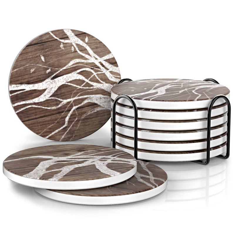 UMIRRO Ceramic Coasters for Wooden Table Absorbent Drink Coasters with Holder for Tabletop Protection Rustic Country Farmhouse Coasters wBrown Wood Texture for Cups  Glasses Coffee Bar Accessory