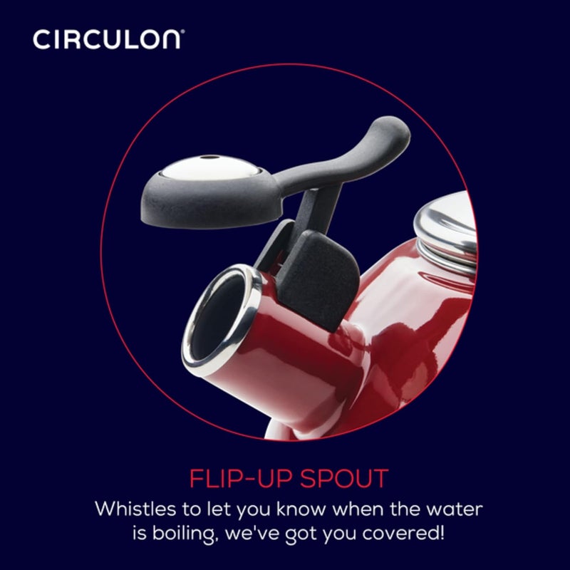 Circulon غلاية شاي سيركولون المينا على الفولاذ مع صفارة غلاية الماء الساخن بمقبض فينولي مقاوم للحرارة 19 لتر متوافقة مع موقد الغاز والحرارة الحثية باللون الأحمر - Image 5