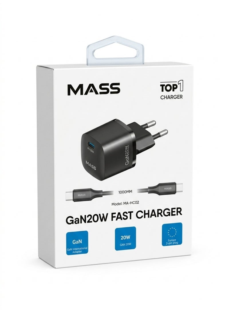 ماس شاحن Mass MA-HC02 PD 20W GAN Mini الذكي السريع للاتحاد الأوروبي مع كابل USB-C إلى USB-C، طوله متر واحد، أسود | ضمان لمدة 12 شهرًا - Image 1