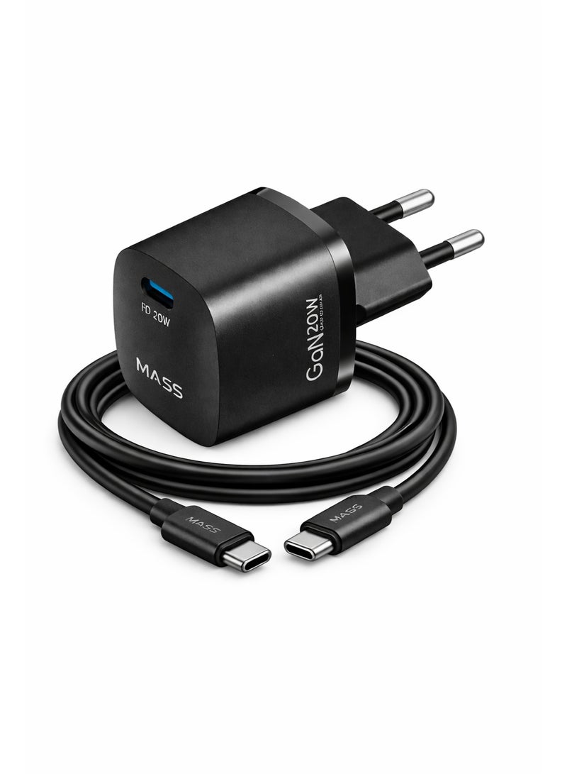 ماس شاحن Mass MA-HC02 PD 20W GAN Mini الذكي السريع للاتحاد الأوروبي مع كابل USB-C إلى USB-C، طوله متر واحد، أسود | ضمان لمدة 12 شهرًا - Image 5