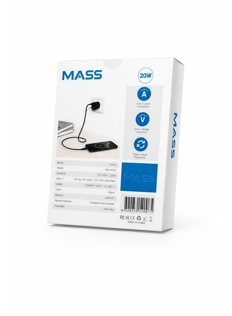 ماس شاحن Mass MA-HC02 PD 20W GAN Mini الذكي السريع للاتحاد الأوروبي مع كابل USB-C إلى USB-C، طوله متر واحد، أسود | ضمان لمدة 12 شهرًا - Image 2