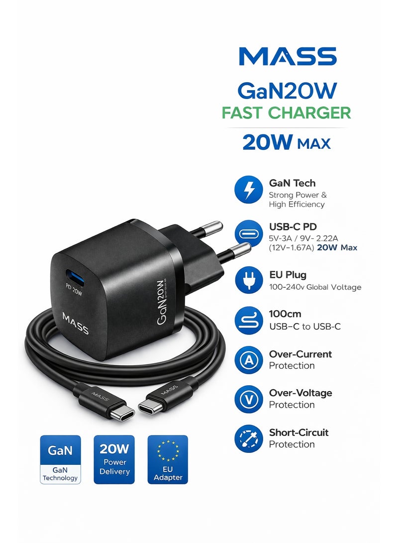 ماس شاحن Mass MA-HC02 PD 20W GAN Mini الذكي السريع للاتحاد الأوروبي مع كابل USB-C إلى USB-C، طوله متر واحد، أسود | ضمان لمدة 12 شهرًا - Image 4