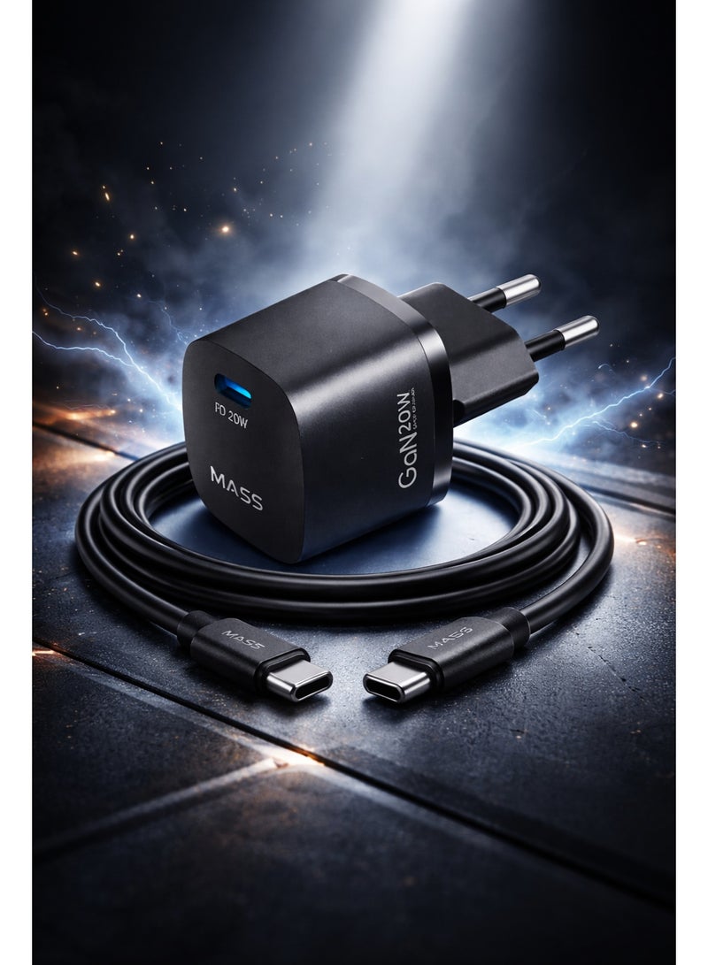 ماس شاحن Mass MA-HC02 PD 20W GAN Mini الذكي السريع للاتحاد الأوروبي مع كابل USB-C إلى USB-C، طوله متر واحد، أسود | ضمان لمدة 12 شهرًا - Image 3