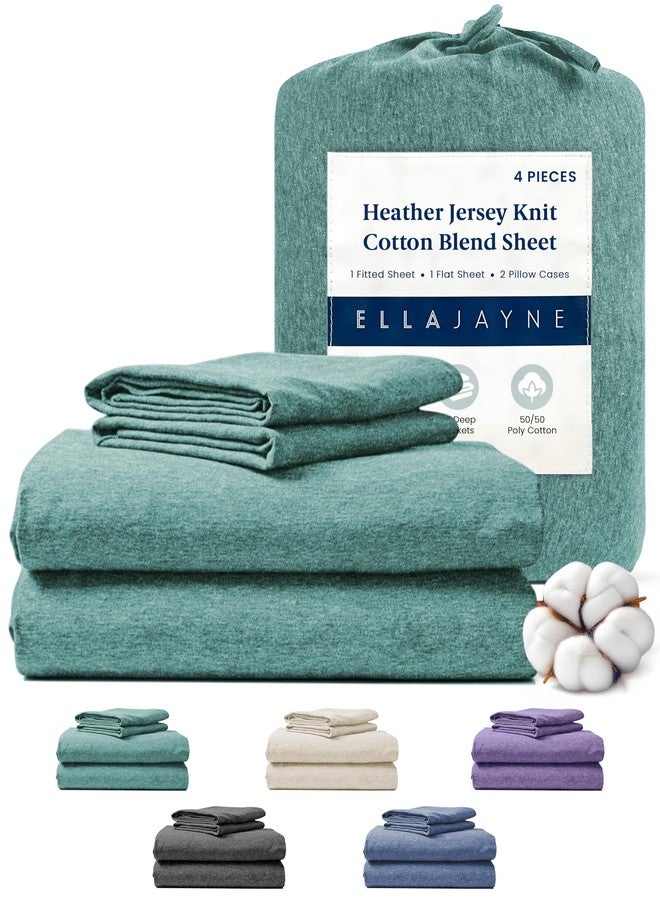 Ella Jayne Jersey Sheets Queen Set (4 Pieces) All Seasons, Wrinkle Resistant, Cozy Stretchable Knit T-Shirt, Super Soft with Deep Pockets Jersey Queen Sheets (Heather Green) - Image 1